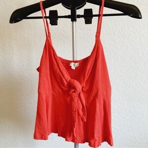 Linen Blend Tie Front Spaghetti Strap Ruffle Crop Top Smocked Back